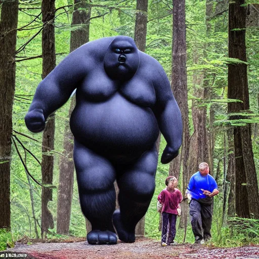 Prompt: A Hiker encounters a family of giant obese Sasquatches while hiking At Salt Fork State Park in Ohio, photoreal, atmospheric