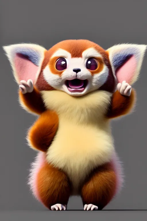 Image similar to high quality 3 d render hyperrealist very cute pastel fluffy! red panda & tarsier hybrid eating giant ice cream, vray smooth, in the style of detective pikachu, charlie immer, very dramatic light, low angle, uhd 8 k, shallow depth or field