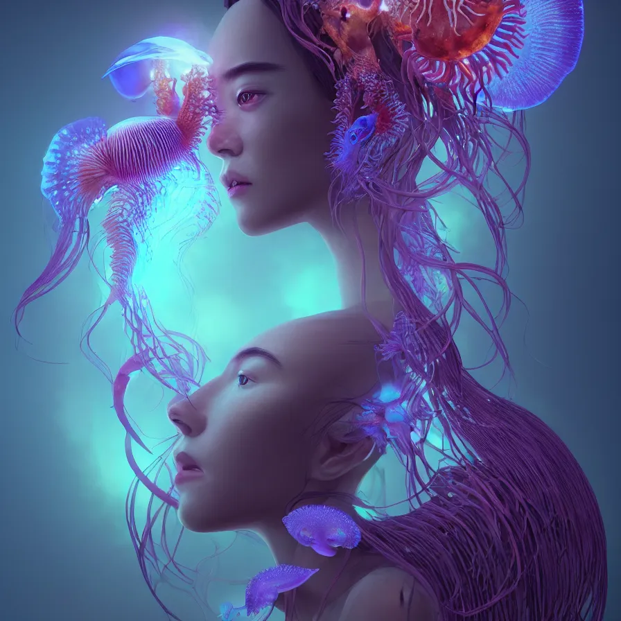 Image similar to goddess close-up portrait. orchid jellyfish phoenix head, nautilus, skull, betta fish, bioluminiscent creatures, intricate artwork by Tooth Wu and wlop and beeple. octane render, trending on artstation, greg rutkowski very coherent symmetrical artwork. cinematic, hyper realism, high detail, octane render, 8k