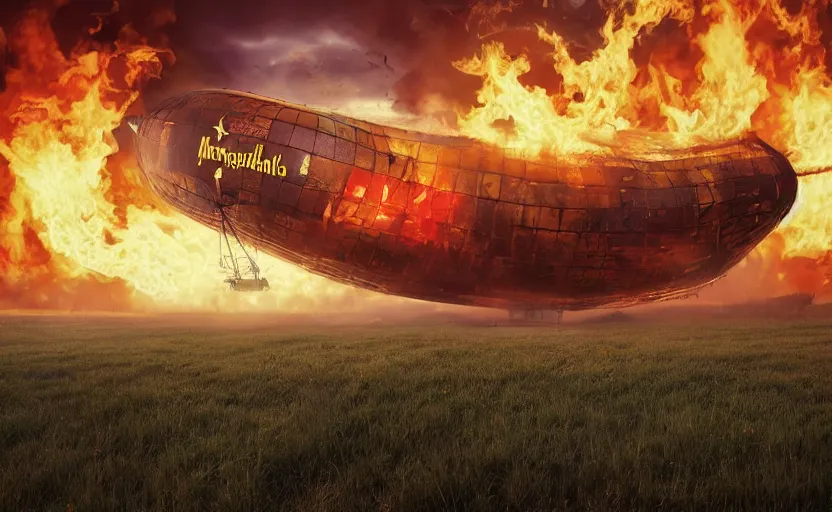 Prompt: an immense mcdonald's branded steampunk airship heavily branded with huge yellow and red mcdonald's logo and golden arches logo crashed and burning in a field, thick black smoke billowing, turbulent storm clouds, dystopian, sharp focus, octane render, imax