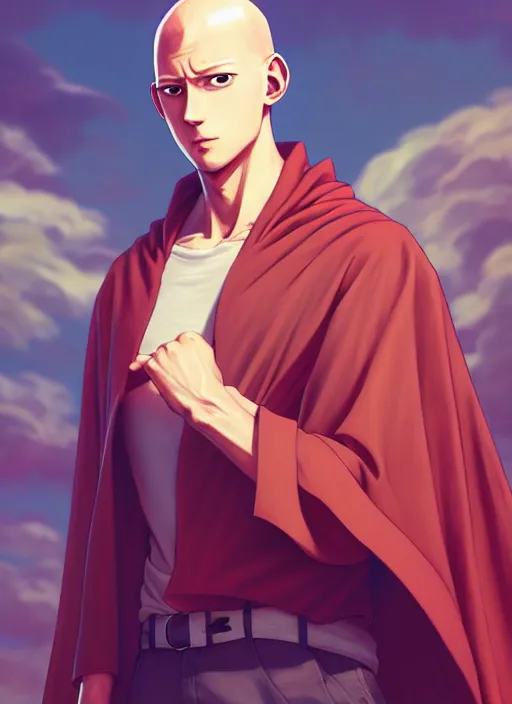 Image similar to handsome saitama, half body shot, path traced, epic cape, highly detailed, high quality, digital painting, alena aenami, lilia alvarado, shinji aramaki, karol bak, alphonse mucha, tom bagshaw