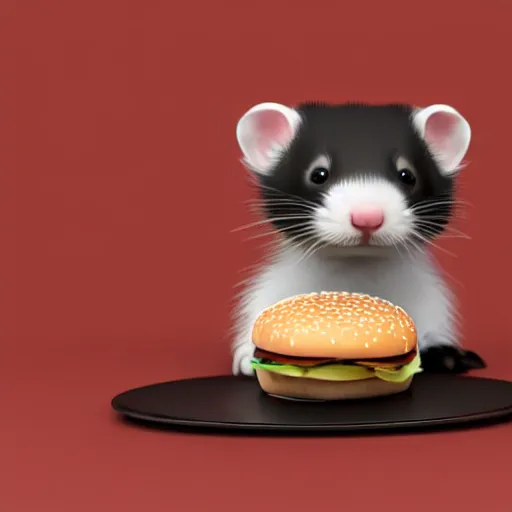 Prompt: a cute ferret eating a hamburger, realistic 3 d render, cute, 8 k