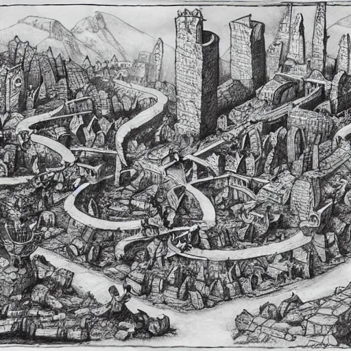 Image similar to anthromorphic humanoid ants building a city. epic game landscape shot. Beautifully detailed pen and ink drawing on parchment, D&D art by Michelangelo