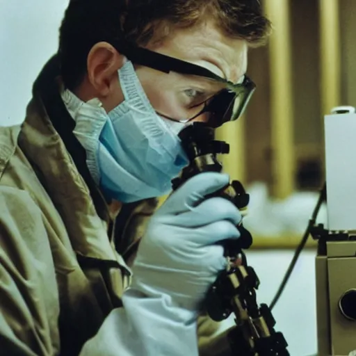 Image similar to filmic extreme close up shot movie still 4 k uhd interior 3 5 mm film color photograph of a scientist putting his hands into the mouth of a camouflaged solder in a lab in antarctica