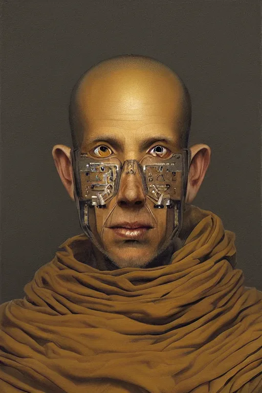 Image similar to robot monk painting a self - portrait on a canvas. intricate, highly detailed, photorealistic, film still, by vdragan bibin.