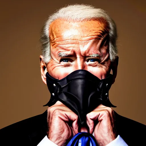Prompt: uhd candid photo of joe biden wearing a real muzzle, with accurate face, uhd, studio lighting, correct face, photo by annie leibovitz