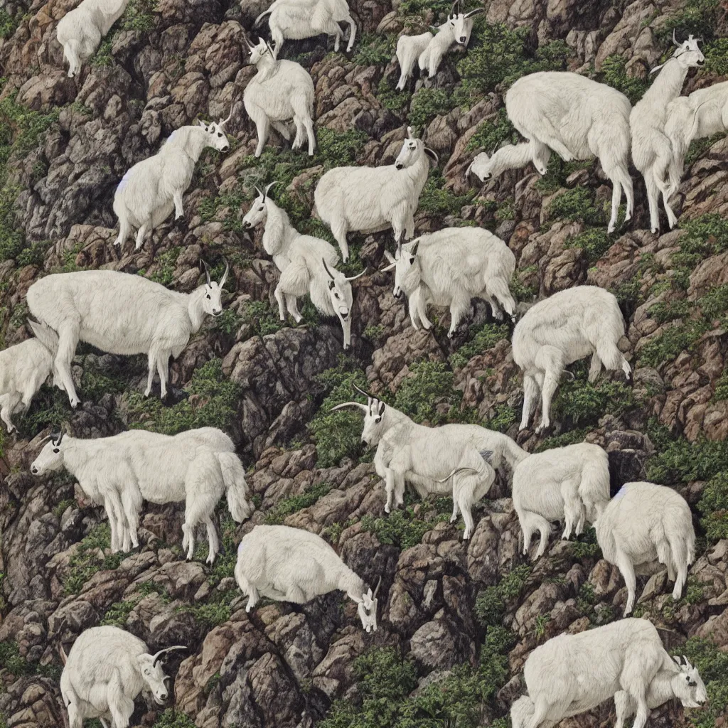 Prompt: mountain goats on a sheer cliffside, expressive, hyperrealism, photorealistic, lithography, fabric pattern