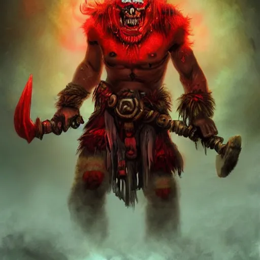 Image similar to red orc shaman, red theme lighting, skull staff, skull garments, battlefield background, in hearthstone art style, epic fantasy style art, fantasy epic digital art, epic fantasy card game art