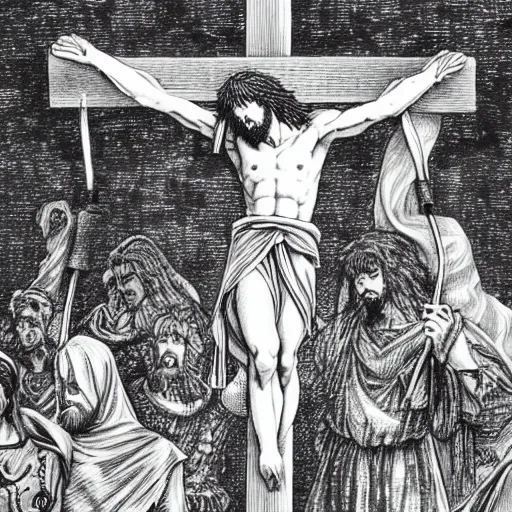 Image similar to Jesus christ on the cross, by Kentaro Miura, manga, black and white, pen and ink, high detail