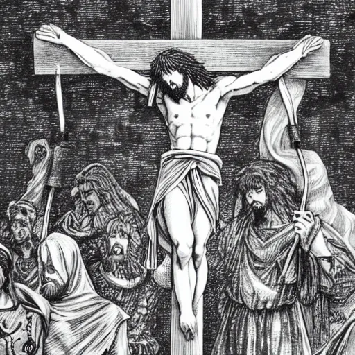 Prompt: Jesus christ on the cross, by Kentaro Miura, manga, black and white, pen and ink, high detail