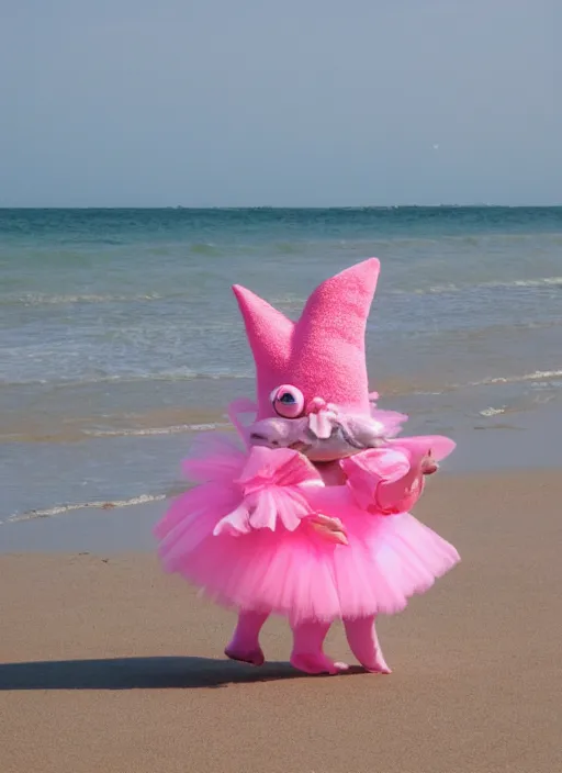Prompt: chthulhu in a pink tutu on a beach