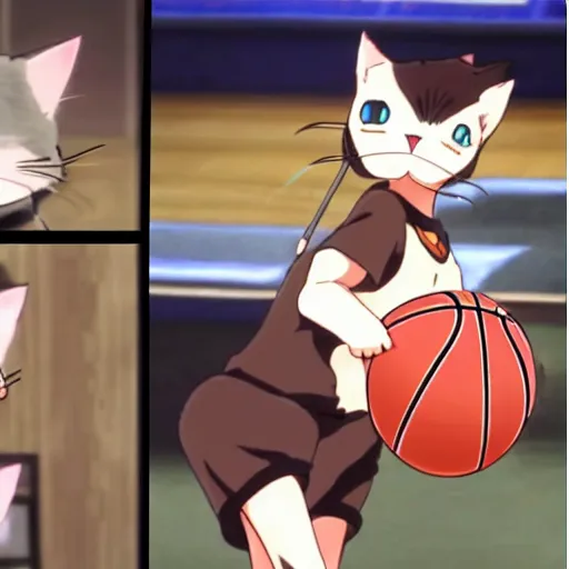 Image similar to a cat dunking a basketball, screenshots from miyazake anime movie