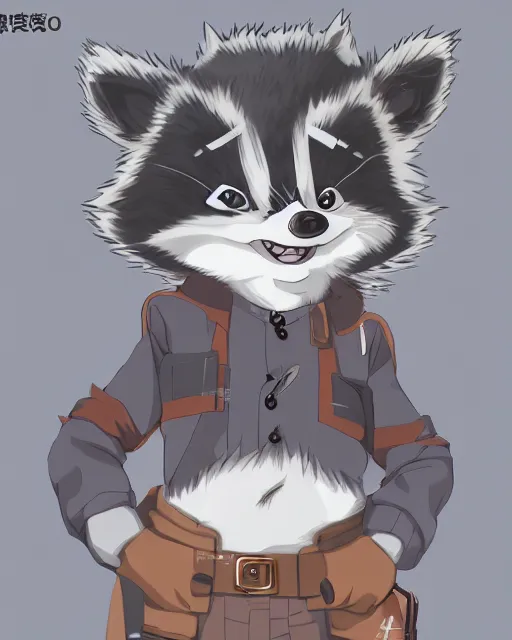 Image similar to key anime visuals of a an anthropomorphic raccoon. highly detailed, intricate, directed by makoto shinkai, anime manga style, trending on art station