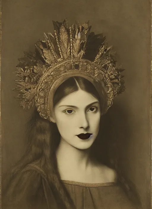 Image similar to portrait of young woman in renaissance dress and renaissance headdress, art by edward steichen