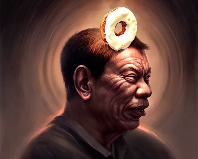 Image similar to rodrigo duterte face in a donut, detailed intricate illustration, dark atmosphere, detailed illustration, hd, 4 k, digital art, overdetailed art, by greg rutkowski, by loish, complementing colors, trending on artstation, deviantart