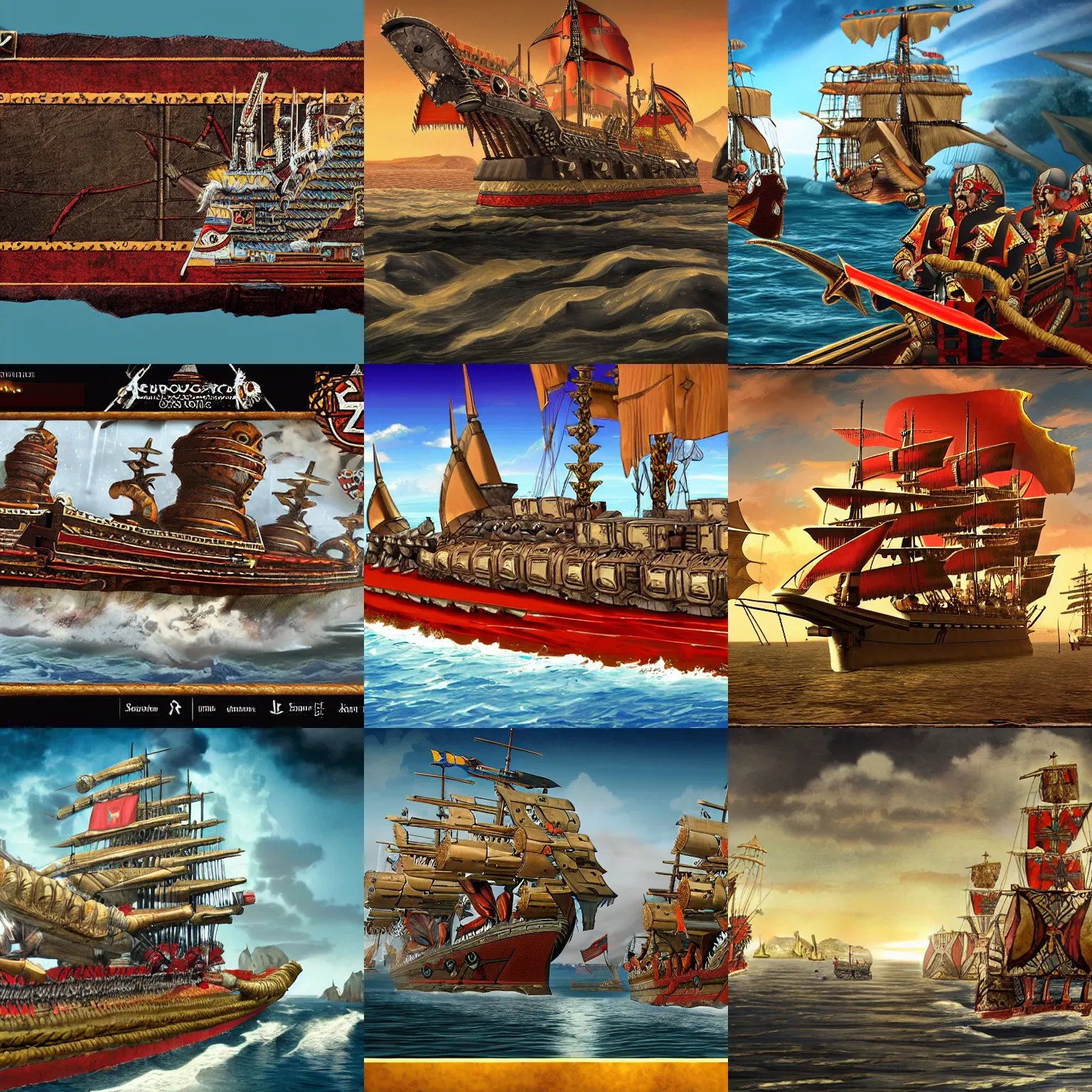 Prompt: An Aztec battleship, loading screen artwork for the game 'Europa Universalis 4'