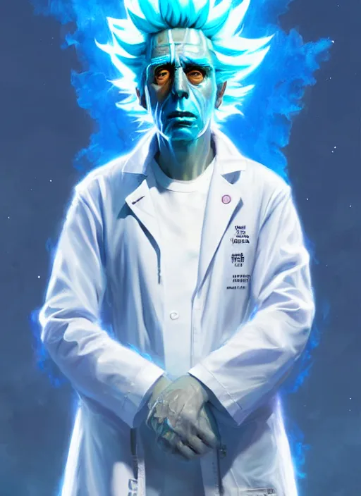 Prompt: rick sanchez portrait wearing a white lab coat with blue hair. highly detailed. psychedelic digital painting. smooth. alien planet background. art by greg rutkowski