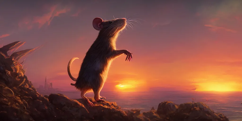 Prompt: rat enjoys the sunset, character sheet, colorful, contrast, 3 d scene, greg rutkowski, zabrocki, karlkka, jayison devadas, trending on artstation, 8 k, ultra wide angle, zenith view, pincushion lens effect