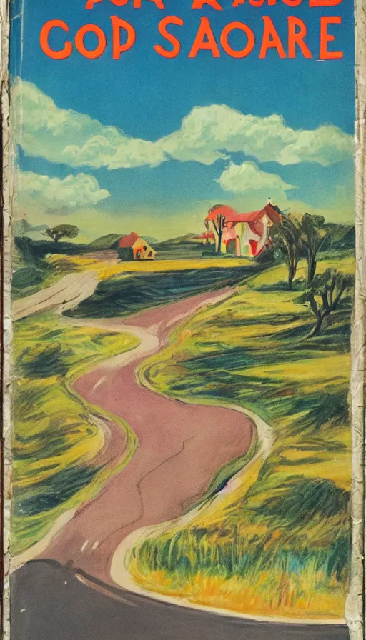 Image similar to paperback book cover. 1 9 5 0 s. pure colors, melting clouds, accurately drawn details, a sunburst above a receding road with the light reflected in furrows and ruts, after rain. and no girls.