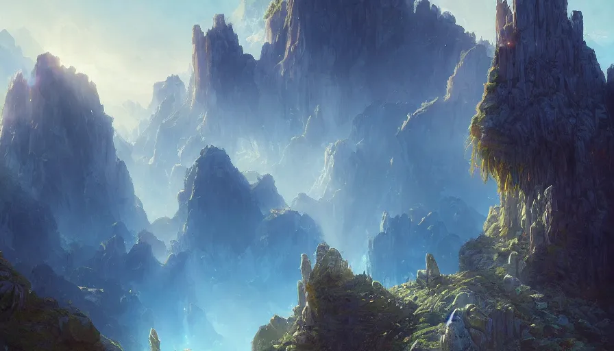 Image similar to crystal castle set on top of a cliff, sun shining light rays thorugh the clouds, andreas rocha, greg rutkowski, trending on artstation, blue color scheme