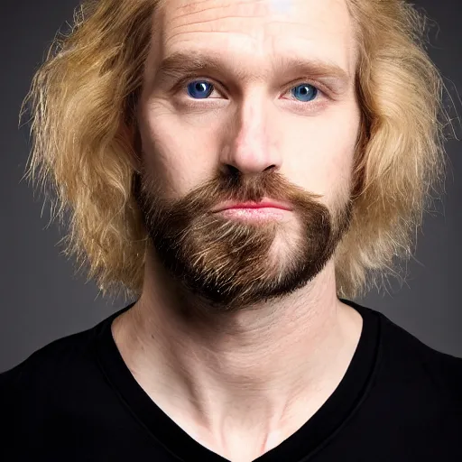 Prompt: full face color photograph of a 40 year old very handsome white man with very short, wavy, light blond hair and small blue eyes, dressed in a maroon t shirt and black jeans, with very thin lips, with a straight nose and blond stubble on his oval face, and pale skin. He resembles a lion.