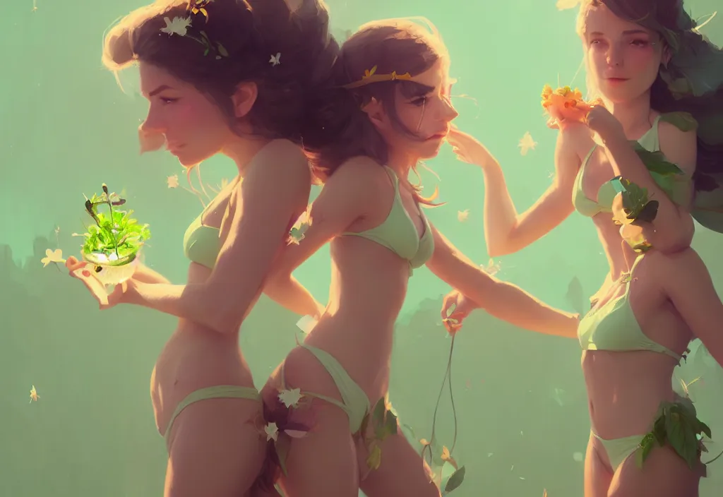 Prompt: portrait of two cute fairies in flower bikinis with joe biden, fantasy, by atey ghailan, by greg rutkowski, by greg tocchini, by james gilleard, by joe gb fenton, dynamic lighting, gradient light green, brown, blonde cream, salad and white color in scheme, grunge aesthetic