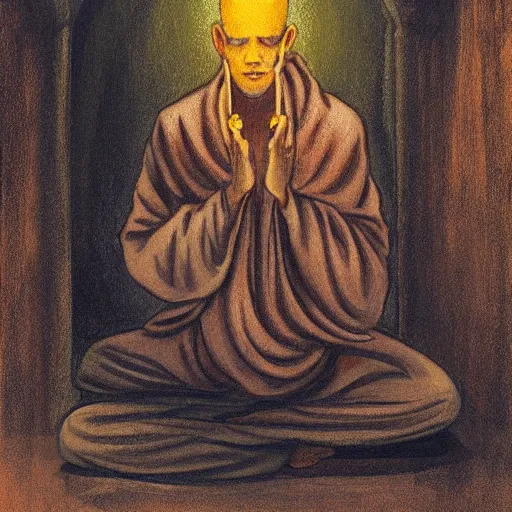 Prompt: a monk practicing the flute while meditating, in the style of seb mckinnon