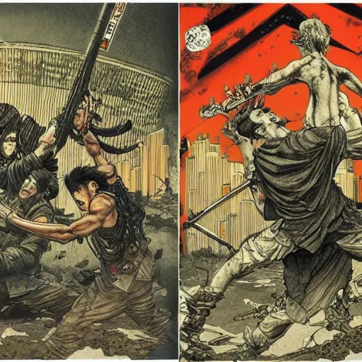 Image similar to yakuzas vs yokais in post-apocalyptic tokyo, composition by Tyler Stout, drawings by gustave doré, anders zorn