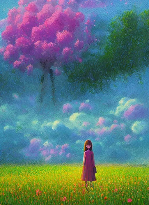 Image similar to girl with flower dress, standing in a field with floating flowers, hills, big trees, sunrise dramatic light, impressionist painting, colorful clouds, digital painting, pointillism, artstation, simon stalenhag