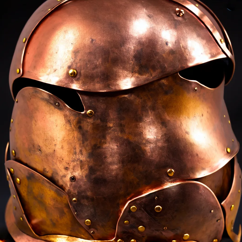 Prompt: a photo of a duel knight's helmet that is made of copper and gold, beautiful ornated details