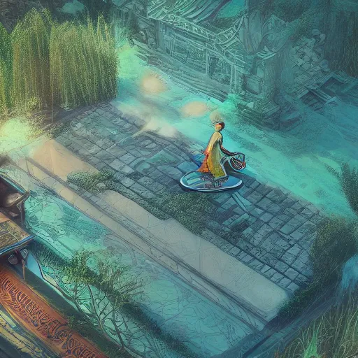 Image similar to beautiful symmetrical boy on a skateboard ramps over the pond surrounded by machine axonometric fantasy intricate elegant highly detailed in volumetric turquoise steampunk, high contrast cinematic light, mystical shadows, octane render, photographic, concept art, art high renaissance art, unreal engine 8 k