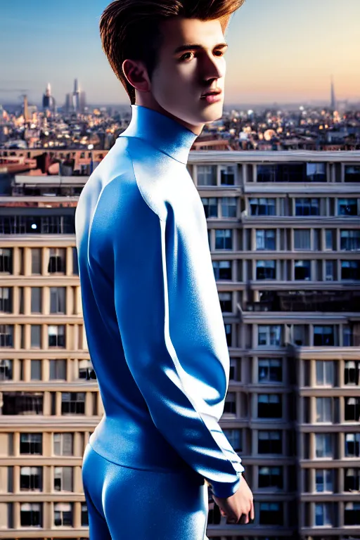 Image similar to un ultra high definition studio quality photographic art portrait of a young man standing on the rooftop of a british apartment building wearing soft padded silver pearlescent clothing. three point light. extremely detailed. golden ratio, ray tracing, volumetric light, shallow depth of field. set dressed.