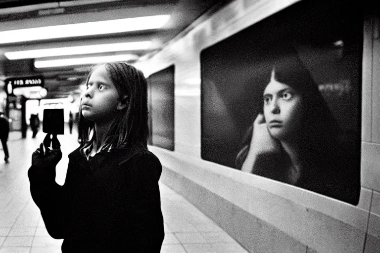 Image similar to girl in augmented reality headset in a subway, richard avedon, tri - x pan, ominous lighting