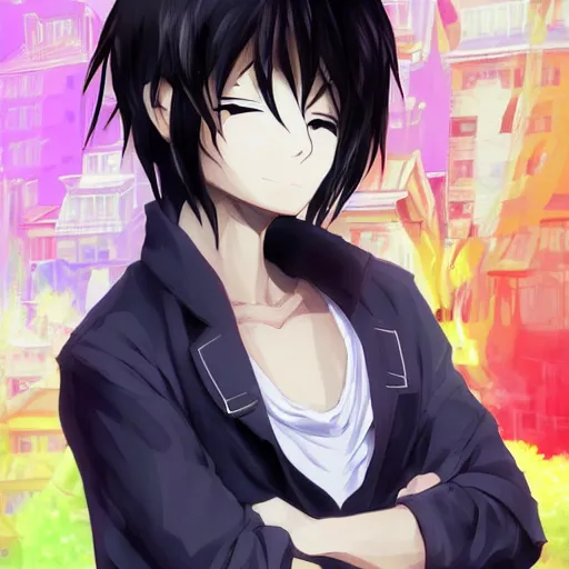 Image similar to aloof anime man with black emo hair wearing baggy shorts, standing in headmistress's office, smug grin, smug expression, punchable expression, punchable face, he's a jerk, sharp details, subsurface scattering, intricate details, art by artgerm, anime, anime hd wallpaper, 2 0 1 9 anime screenshot