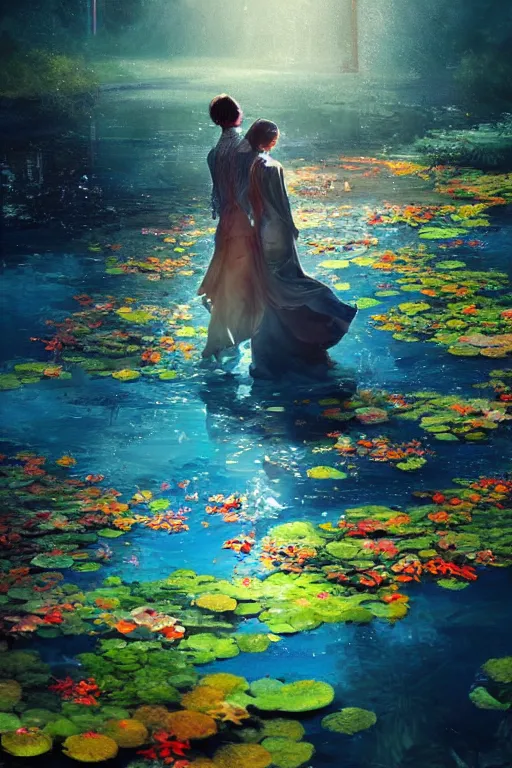 Image similar to nenufar in a pond, colorful, blue backgroung,clean, joyful, intricate, elegant, volumetric lighting, digital painting, highly detailed, artstation, sharp focus, illustration, concept art, ruan jia, steve mccurry