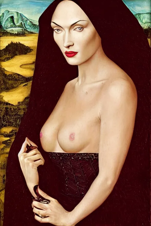 Image similar to portrait of megan fox as morticia addams, oil painting by jan van eyck, northern renaissance art, oil on canvas, wet - on - wet technique, realistic, expressive emotions, intricate textures, illusionistic detail