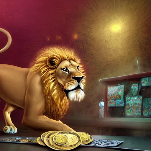 Image similar to Lion having a party, money shower, coins, digital art, dollar bills, concept art, digital painting, highly detailed, illustration