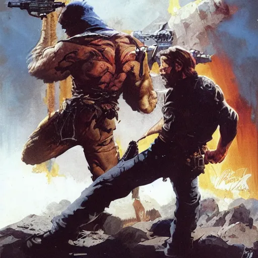 Image similar to cinematic action shot freeze frame portrait of Chuck Norris using another Chuck Norris as a weapon to fight evil by greg rutkowski and frank frazetta and peter mohrbacher and marc silvestri