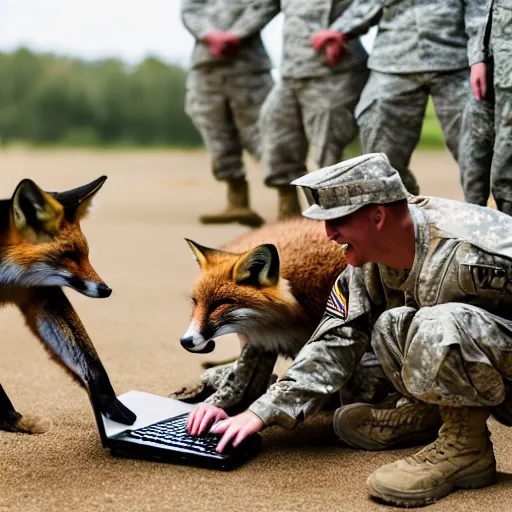 Image similar to a group of fox animals dressed in modern american military soldier uniforms, foxes laughing at a computer, 8 5 mm f / 1. 4