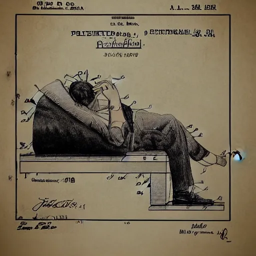 Image similar to sleeping man as a patent drawing. looking at camera. technical drawing. mathematical.