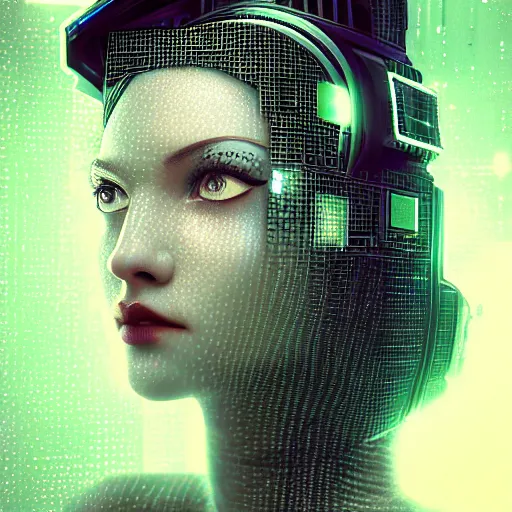 Prompt: portrait of a cyberpunk art deco girl with a vectot grid of light falling on her face, sci-fi, intricate lighting, elegant noir, highly detailed, digital painting, studio portrait, artstation, sharp focus, photo by artgerm and greg rutkowski and Charlie Bowater, subsurface scattering:3, blur, bokeh, gray, jpeg artifacts:-2