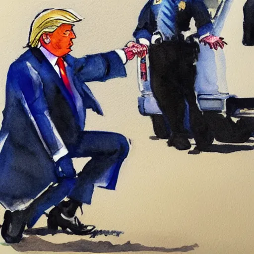 Prompt: donald trump being arrested by the fbi. donald trump handcuffed. watercolor.