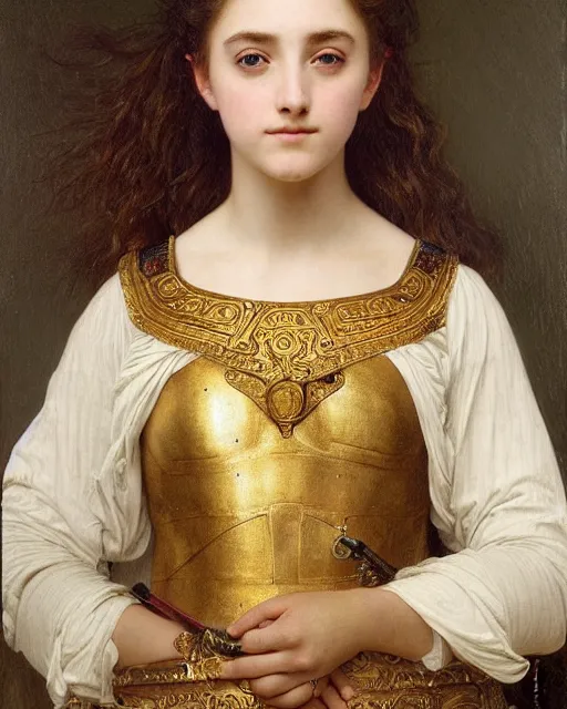 Image similar to a 16-year old girl who resembles Ana de Armas and Saoirse Ronan, dressed in ornate, detailed, intricate golden armor, detailed oil painting by William Adolphe Bouguereau