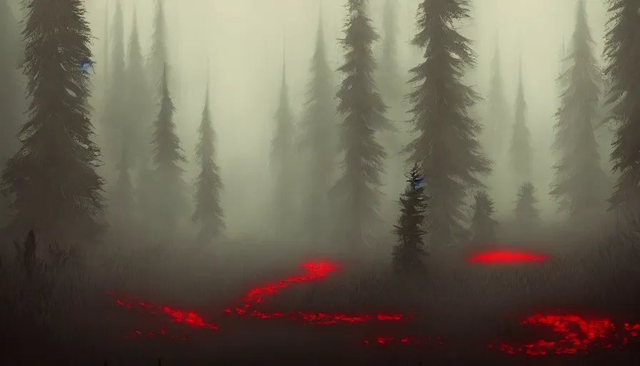 Image similar to a highly detailed illustration of a dark foggy pine forest, the tree barks filled with bright red eyes, style of alexandre chaudret, artstation, dark fantasy