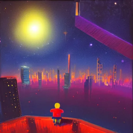 Image similar to a kid in a big city, sits on a rooftop, watches a beautiful night full of stars and tech buildings, dramatic, by paul lehr