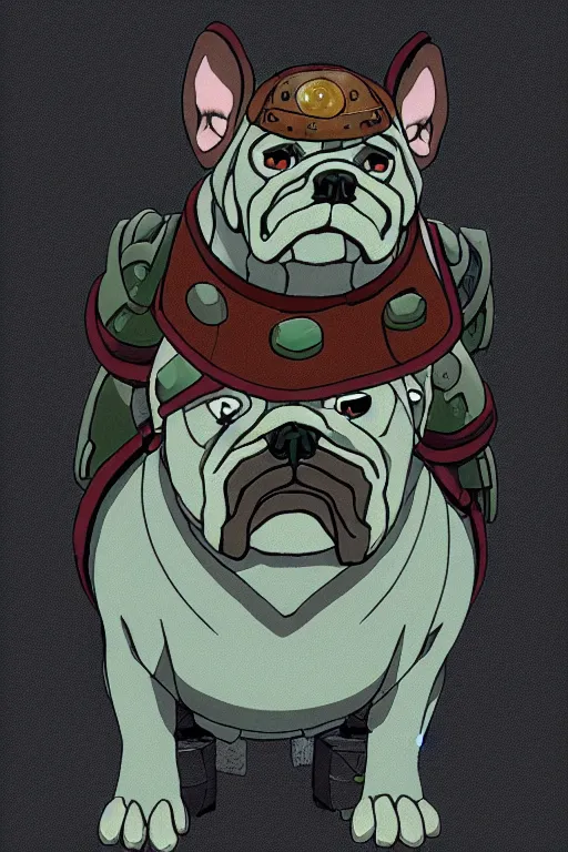 Image similar to a simple and atmospheric cell - shaded fantasy character concept art portrait of a robotic bulldog as a druidic warrior wizard looking at the camera with an intelligent gaze, very muted colors, by studio ghibli