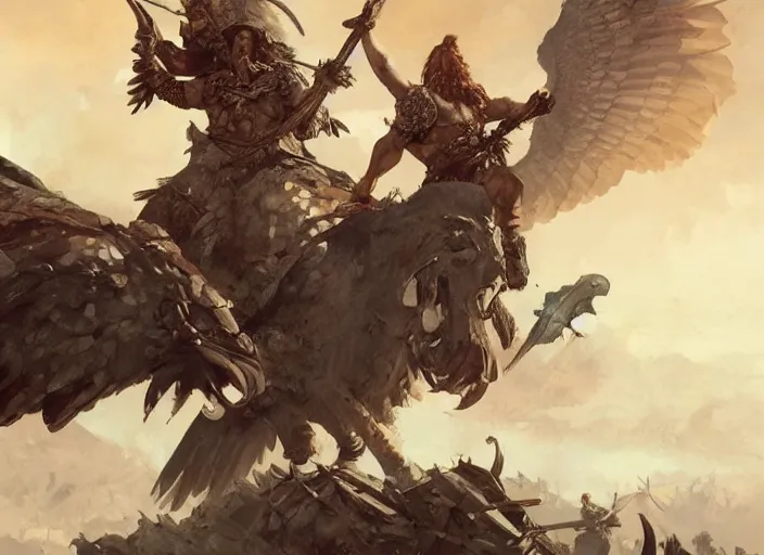 Prompt: The large birds of war, barbarian muscular men with powerful arms riding saddled to the back of the large griffin bird, swords held high, medieval war rages below, highly detailed, digital painting, artstation, concept art, smooth, sharp focus, illustration, art by artgerm and greg rutkowski and alphonse mucha