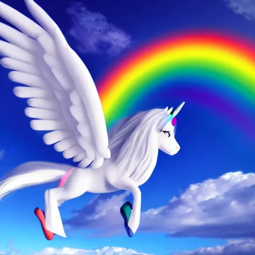 Prompt: Photograph of a Alicorn flying in the sky, white body, rainbow wings, rainbow horn, rainbow mane and tail, trending on artstation, ultrarealistic, 8k