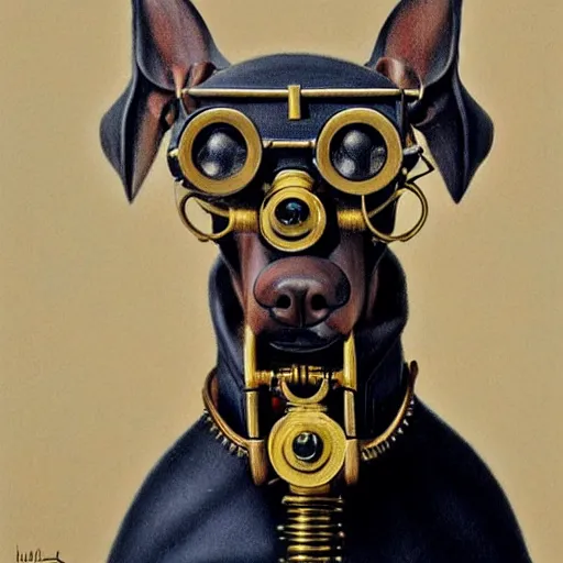 Prompt: a hyperrealistic painting of a steampunk dobermann, brass goggles, by john kenn mortensen, highly detailed,