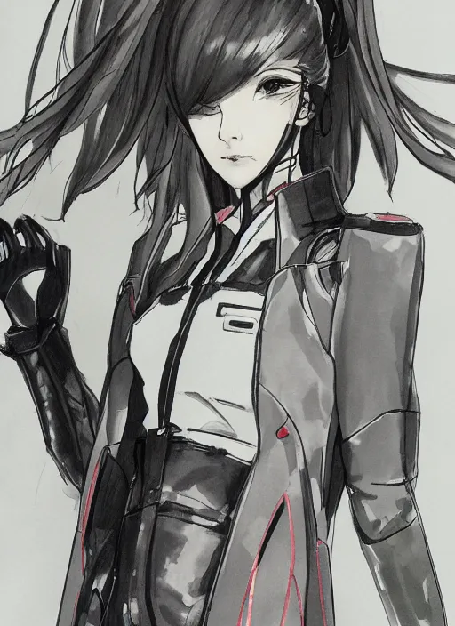 Prompt: a yoji shinkawa sketch of a slim girl with long legs and hair wearing an evangelion pilot outfit and a long black coat inspired by a japanese kimono